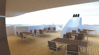 На палубе рубки 2 яруса располагается оборудованный видеотехникой ресторан на 104 места (26 столиков) с панорамным тонированным остеклением и сервировочной-баром, а также прогулочная палуба.