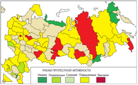 Красным отмечены регионы с высокой протестной активностью. Изображение: sapronov.test.finam.ru